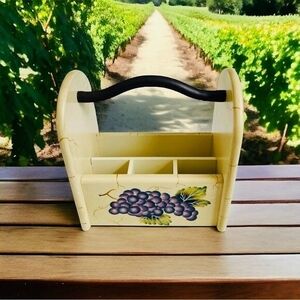 Vintage Handcrafted Ceramic Caddy 9" Grape Design Utensil Holder Black Handle